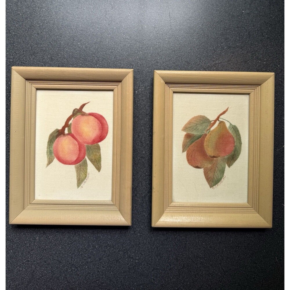 Set Of 2 THEOREM Folk Art Paintings By B. Cachucho Fruit Peach Pear Cottage core